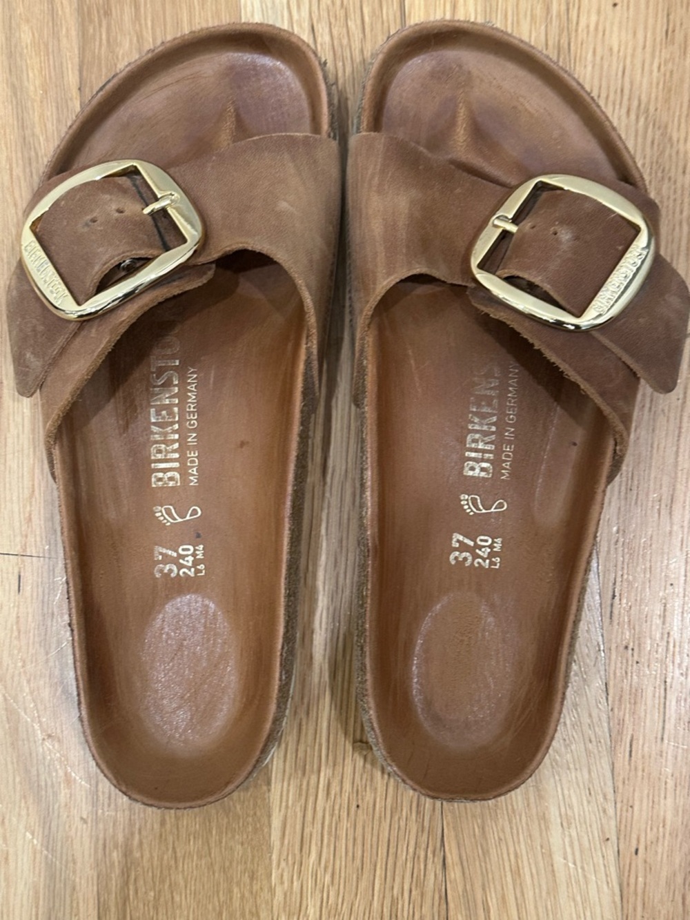 Birkenstock Women's Madrid Brown Leather Slide Sandals with Gold Buckles